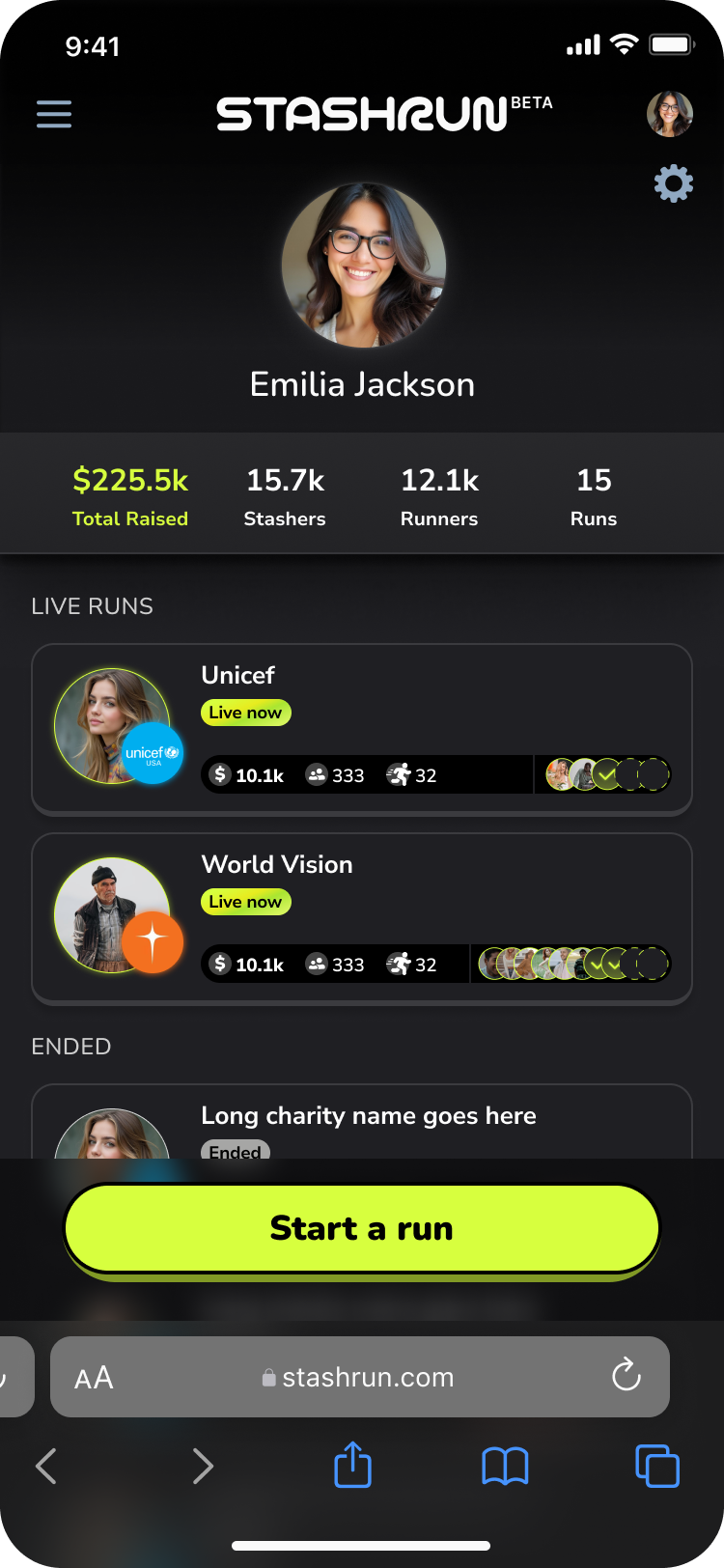 Stashrun profile page — live runs